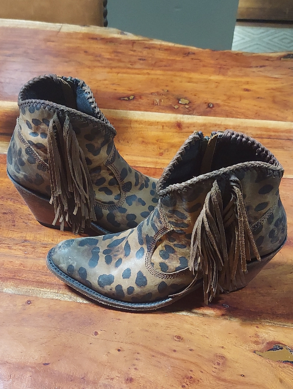 Women’s Leopard Print Fringe Ankle Boots - Brown